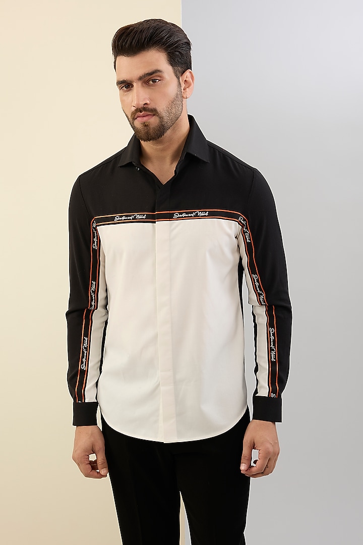 Black & White Terylene Color-Blocked Shirt by S&N by Shantnu Nikhil Men