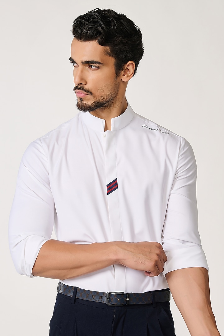 Off-White Terylene Band Collar Shirt by S&N by Shantnu Nikhil Men