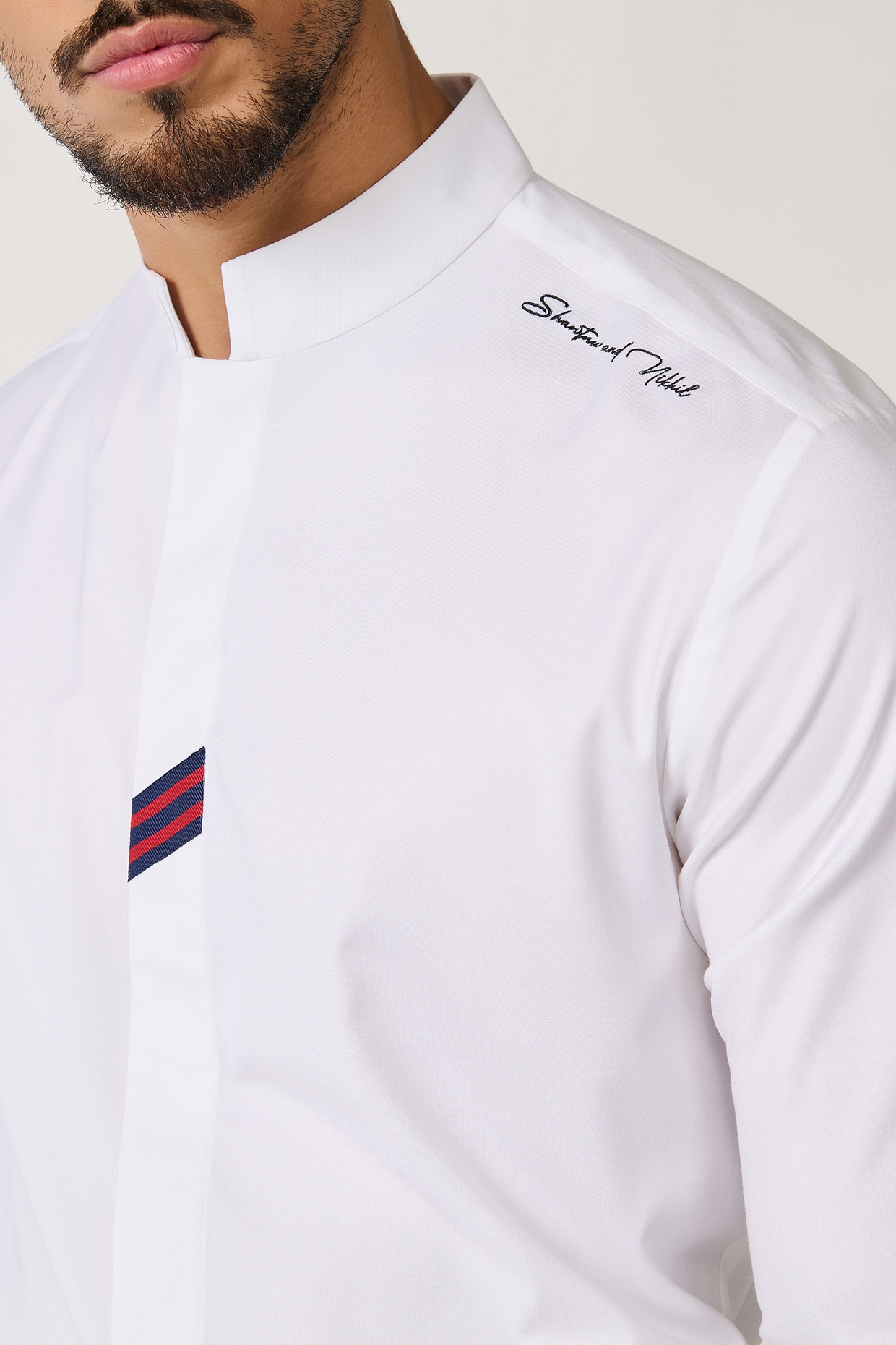 Off-White Terylene Band Collar Shirt by S&N by Shantnu Nikhil Men