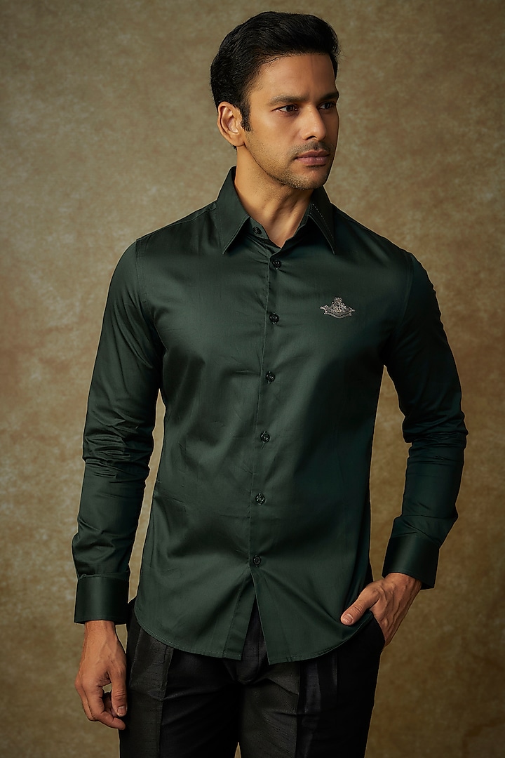 Dark Green Giza Cotton Embroidered Shirt by S&N by Shantnu Nikhil Men at Pernia's Pop Up Shop