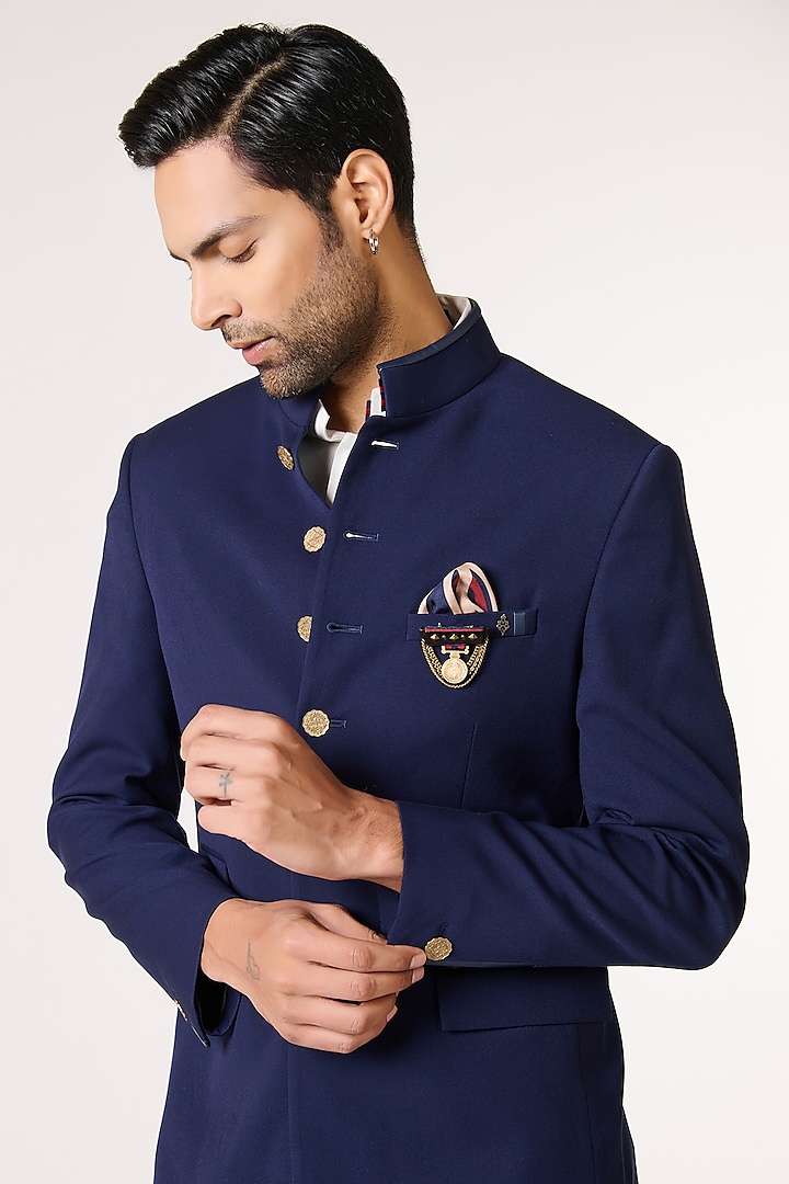 Navy Terylene & Viscose Bandhgala by S&N by Shantnu Nikhil Men