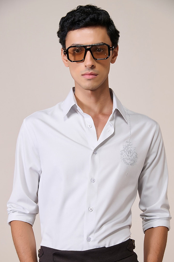 Light Grey Bamboo Suiting Blend Threadwork Party Wear Shirt by S&N by Shantnu Nikhil Men at Pernia's Pop Up Shop