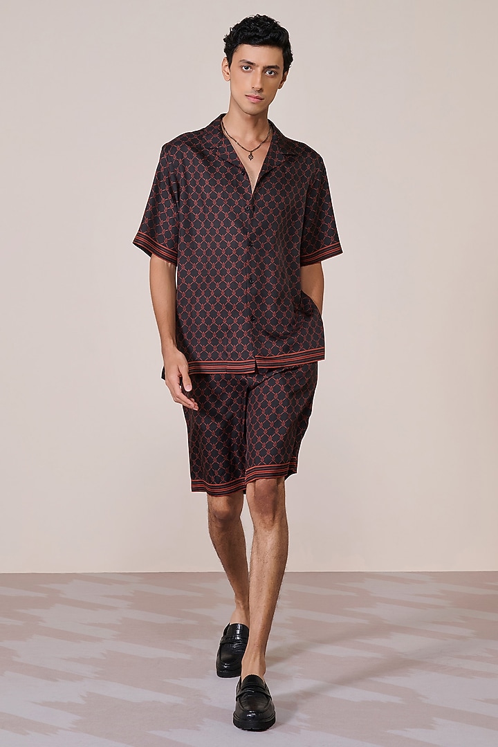 Black Silk Twill Printed Shorts by S&N by Shantnu Nikhil Men