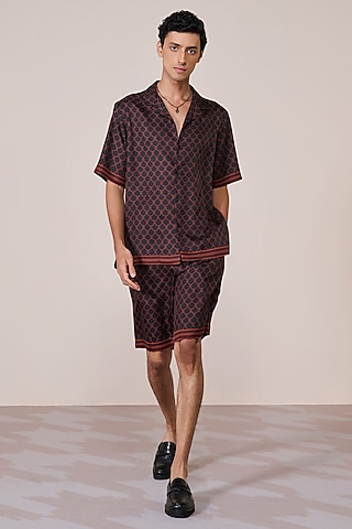 Black Silk Twill Printed Shorts by S&N by Shantnu Nikhil Men