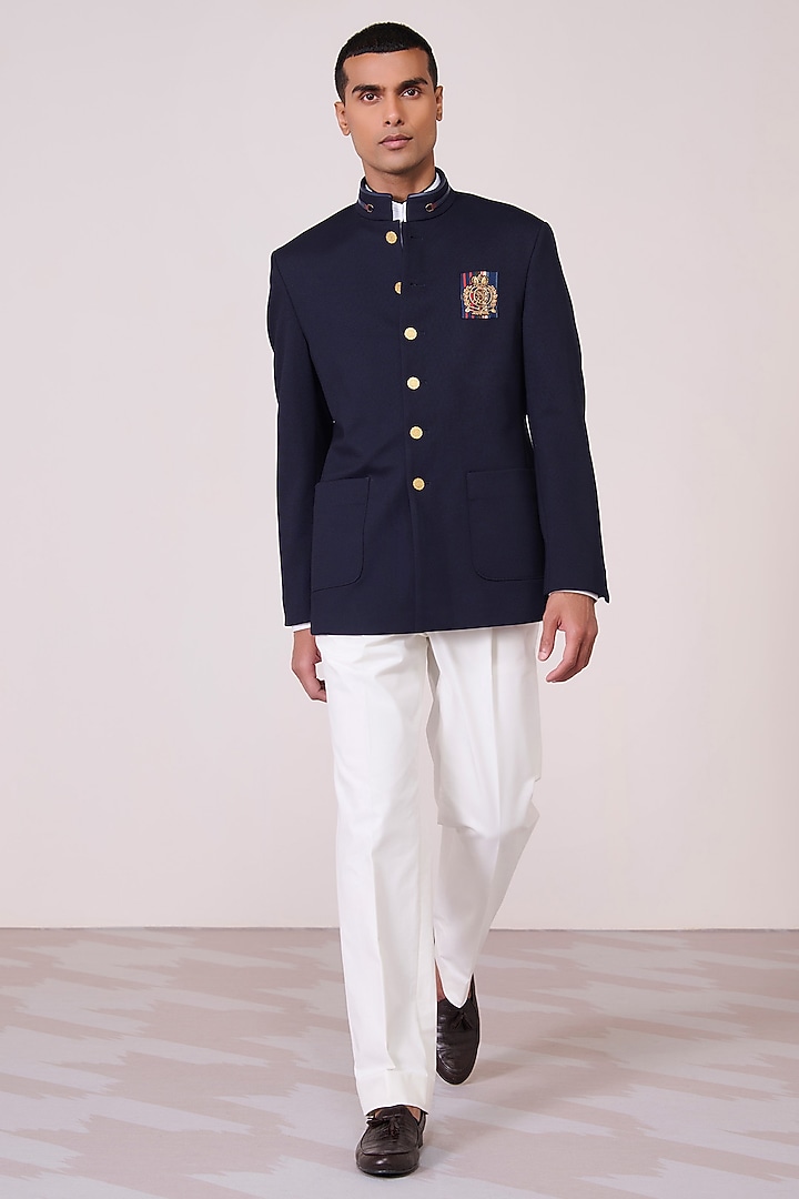 Navy Poly Jersey Bandhgala by S&N by Shantnu Nikhil Men