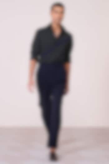 Navy Poly Blend Viscose Lycra High-Waisted Trousers by S&N by Shantnu Nikhil Men