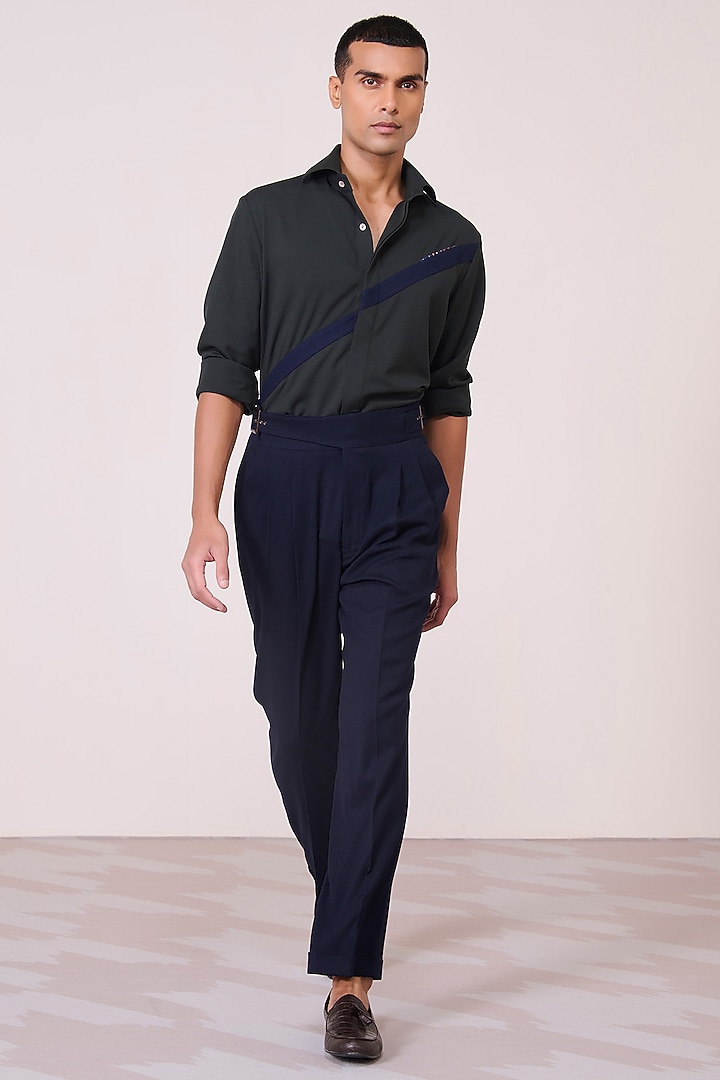 Navy Poly Blend Viscose Lycra High-Waisted Trousers by S&N by Shantnu Nikhil Men