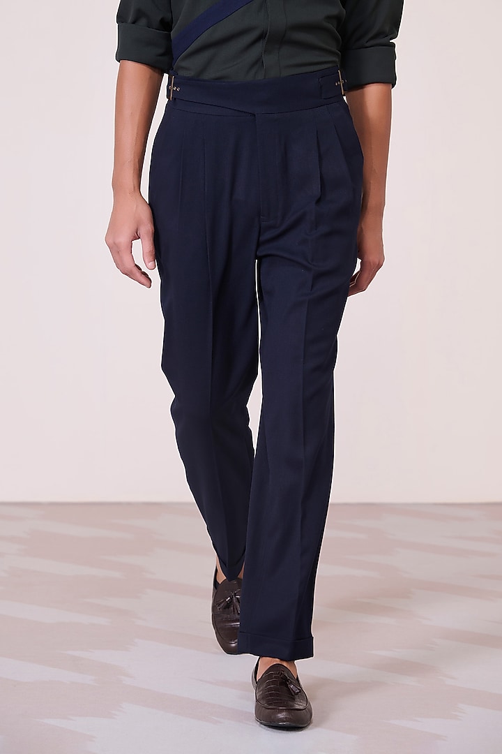 Navy Poly Blend Viscose Lycra High-Waisted Trousers by S&N by Shantnu Nikhil Men at Pernia's Pop Up Shop