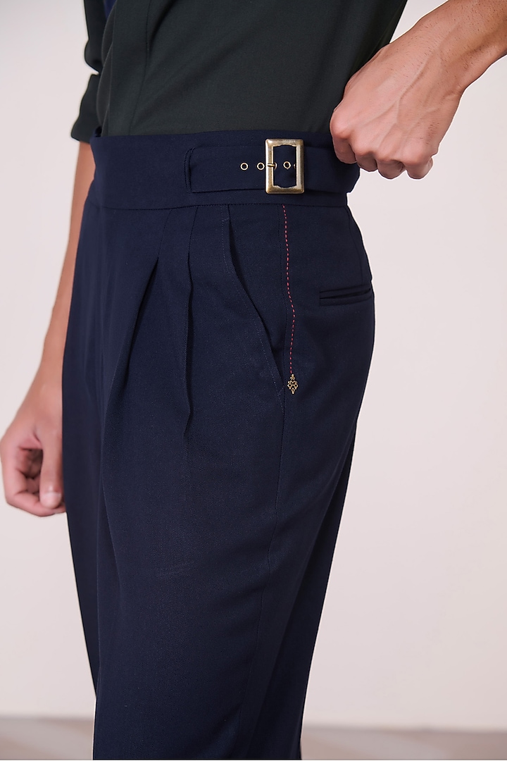 Navy Poly Blend Viscose Lycra High-Waisted Trousers by S&N by Shantnu Nikhil Men at Pernia's Pop Up Shop