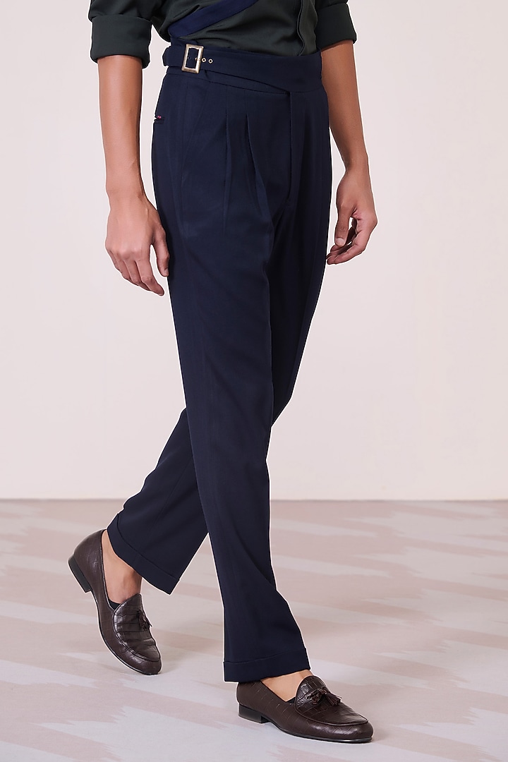 Navy Poly Blend Viscose Lycra High-Waisted Trousers by S&N by Shantnu Nikhil Men at Pernia's Pop Up Shop