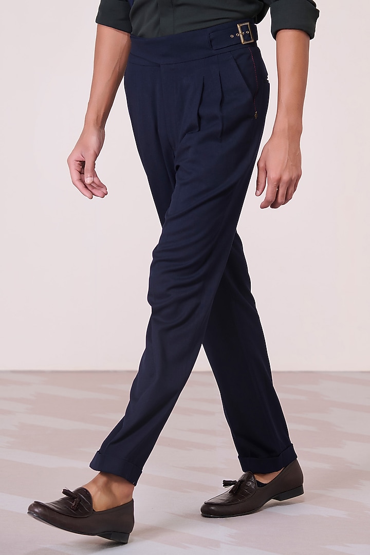Navy Poly Blend Viscose Lycra High-Waisted Trousers by S&N by Shantnu Nikhil Men at Pernia's Pop Up Shop