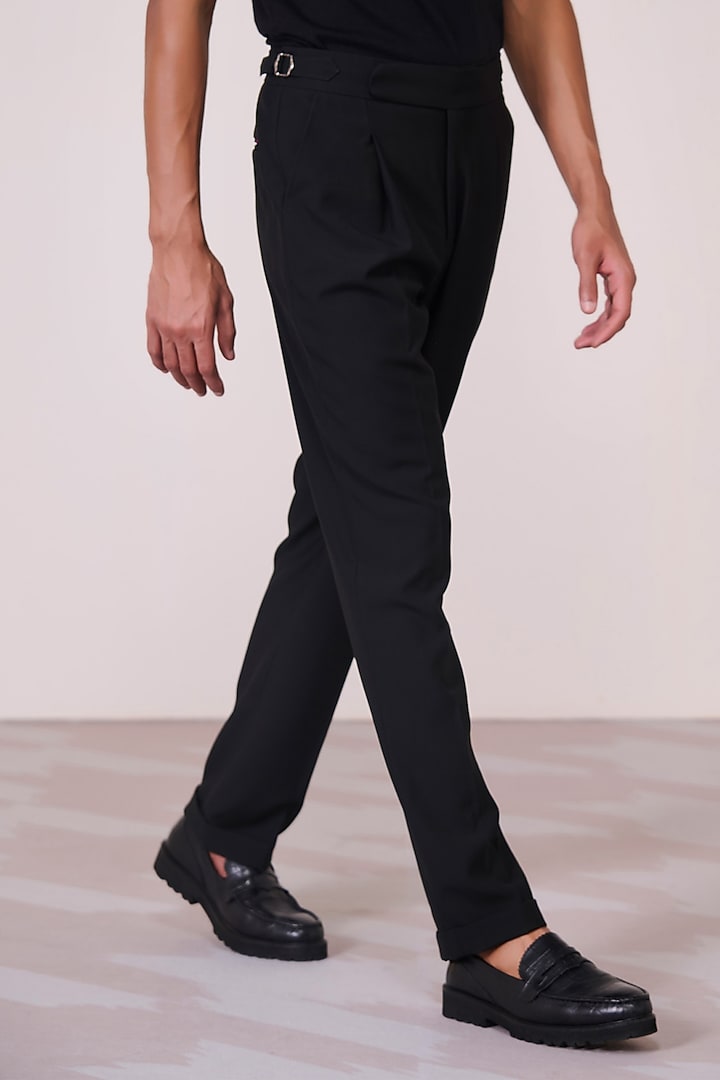 Black Poly Blend Viscose Lycra High-Waisted Trousers by S&N by Shantnu Nikhil Men at Pernia's Pop Up Shop
