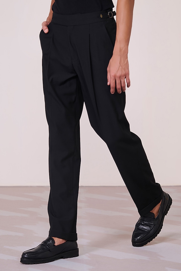Black Poly Blend Viscose Lycra High-Waisted Trousers by S&N by Shantnu Nikhil Men at Pernia's Pop Up Shop