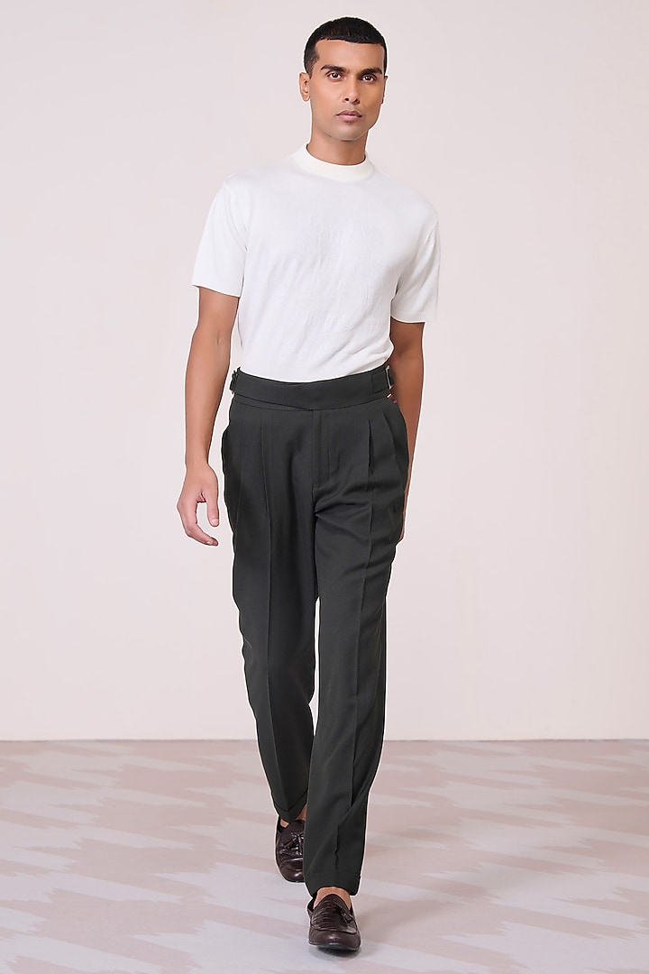 Military Green Poly Blend Viscose Lycra High-Waisted Trousers by S&N by Shantnu Nikhil Men