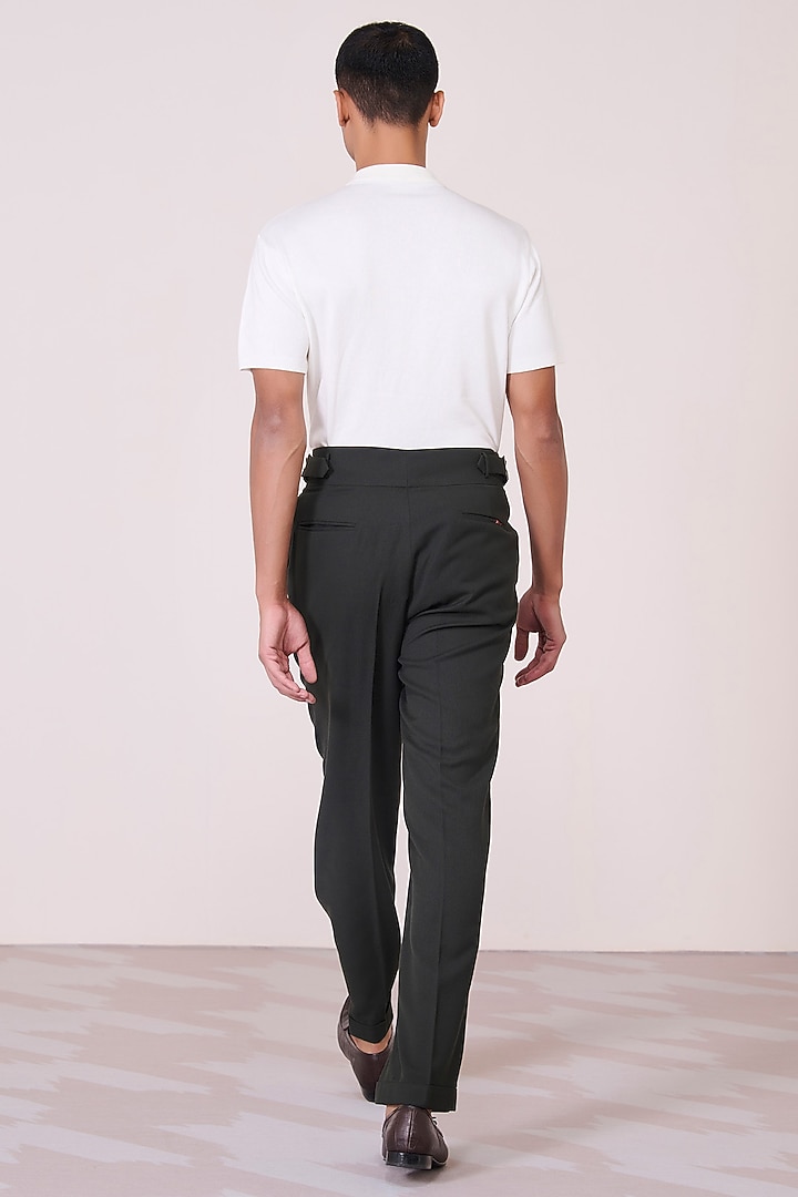Military Green Poly Blend Viscose Lycra High-Waisted Trousers by S&N by Shantnu Nikhil Men at Pernia's Pop Up Shop