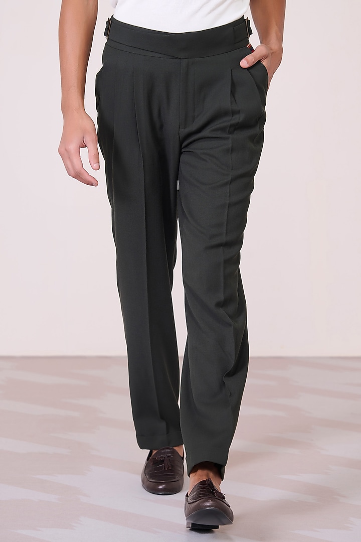 Military Green Poly Blend Viscose Lycra High-Waisted Trousers by S&N by Shantnu Nikhil Men at Pernia's Pop Up Shop