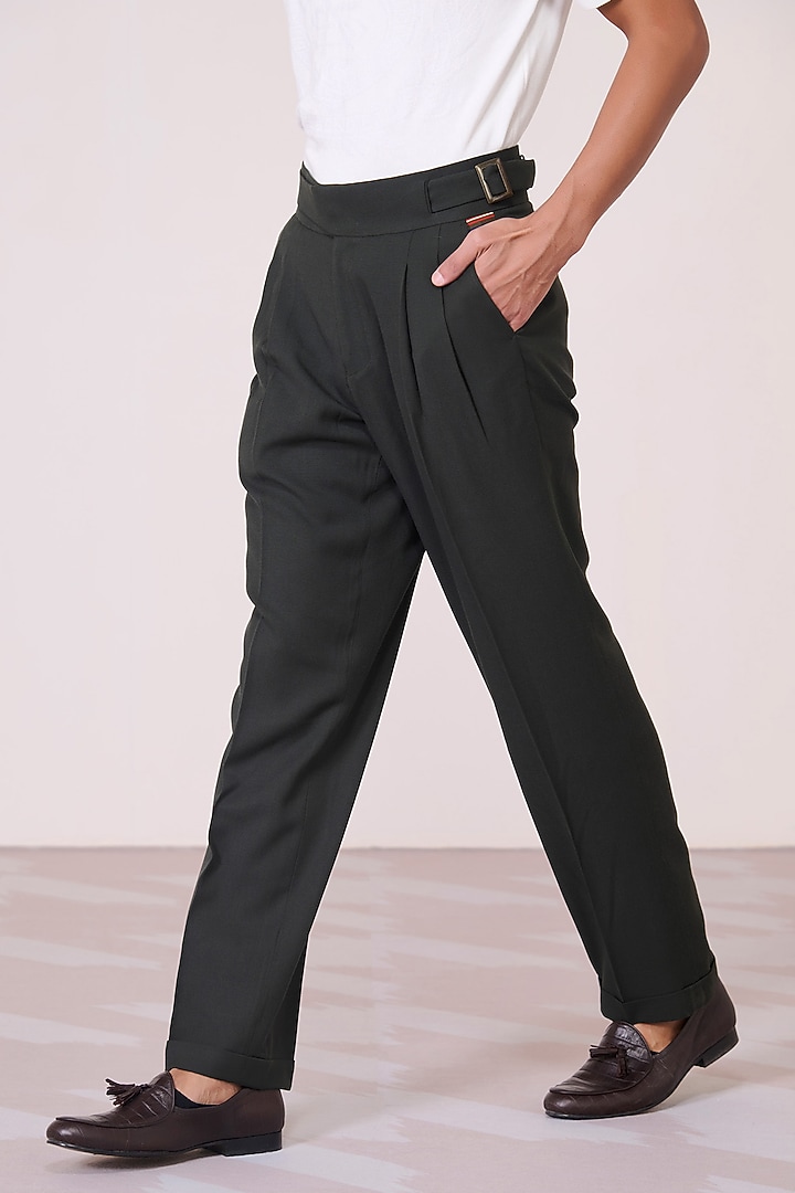Military Green Poly Blend Viscose Lycra High-Waisted Trousers by S&N by Shantnu Nikhil Men at Pernia's Pop Up Shop