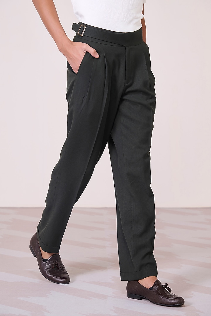 Military Green Poly Blend Viscose Lycra High-Waisted Trousers by S&N by Shantnu Nikhil Men at Pernia's Pop Up Shop