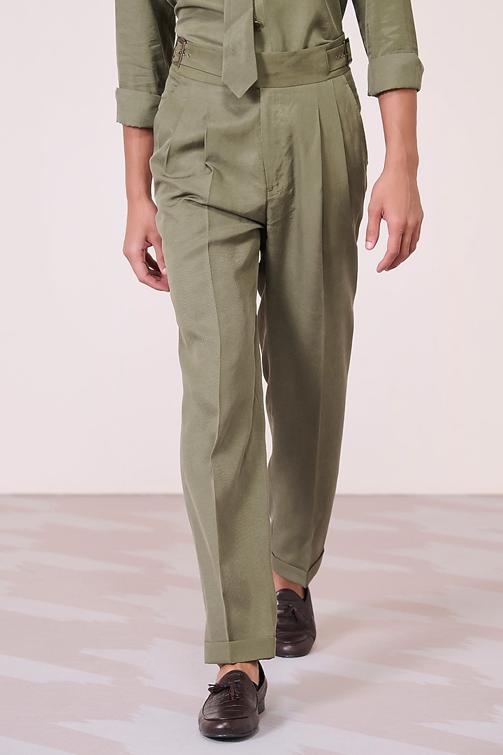 Olive Lyocell Linen High-Waisted Trousers by S&N by Shantnu Nikhil Men at Pernia's Pop Up Shop