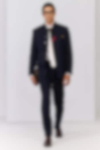 Navy Poly Blend Viscose Lycra Bandhgala by S&N by Shantnu Nikhil Men