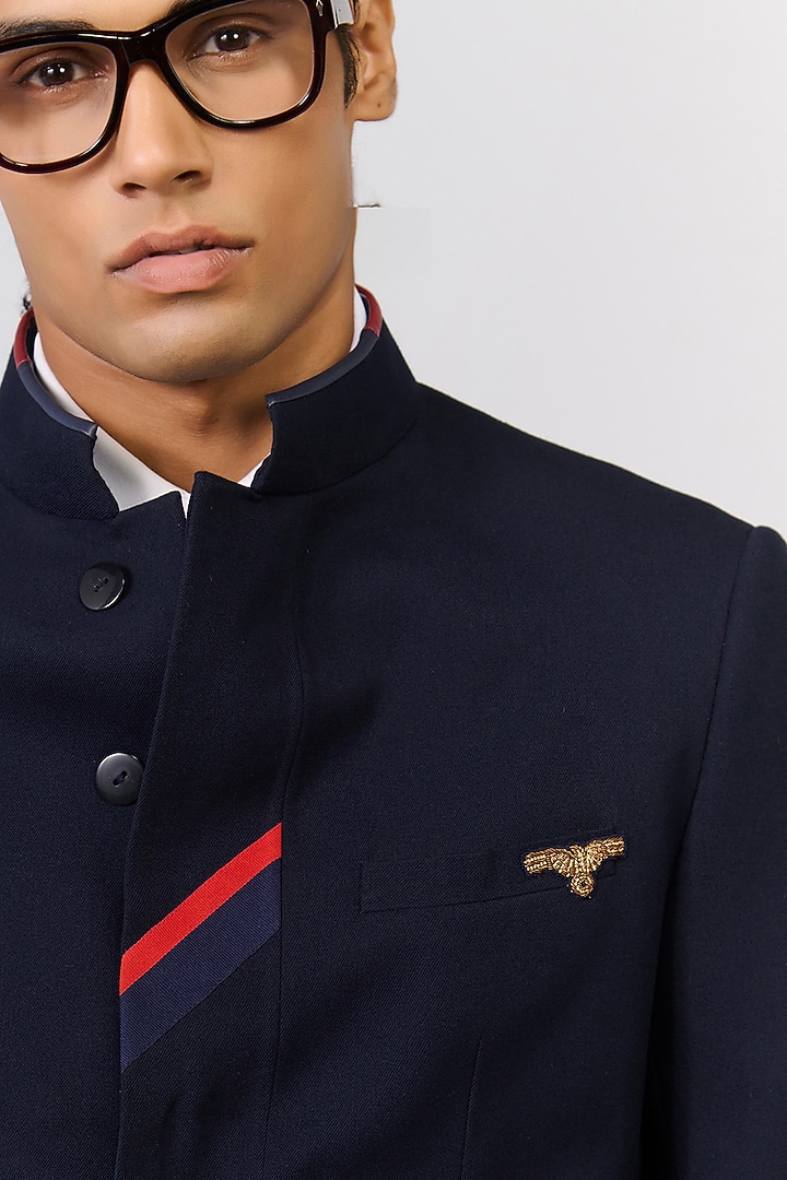 Navy Poly Blend Viscose Lycra Wedding Bandhgala by S&N by Shantnu Nikhil Men at Pernia's Pop Up Shop