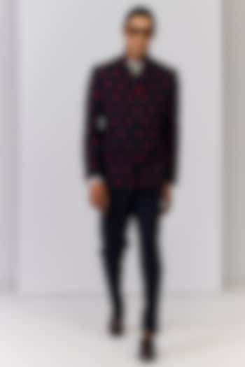 Navy Poly Blend Viscose Lycra Bandhgala by S&N by Shantnu Nikhil Men