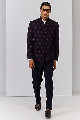 Navy Poly Blend Viscose Lycra Bandhgala by S&N by Shantnu Nikhil Men