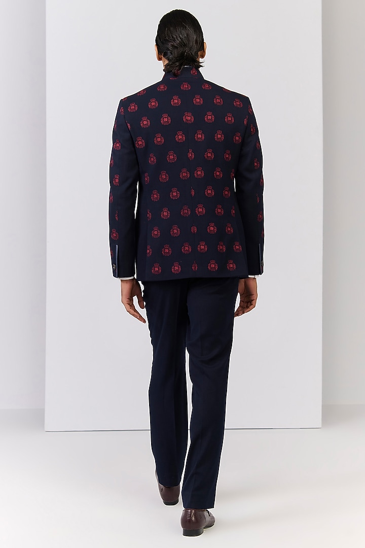 Navy Poly Blend Viscose Lycra Wedding Bandhgala by S&N by Shantnu Nikhil Men at Pernia's Pop Up Shop