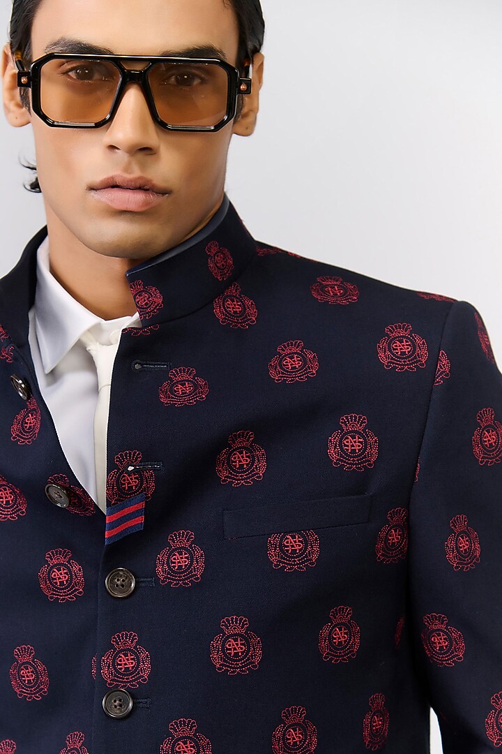 Navy Poly Blend Viscose Lycra Wedding Bandhgala by S&N by Shantnu Nikhil Men at Pernia's Pop Up Shop