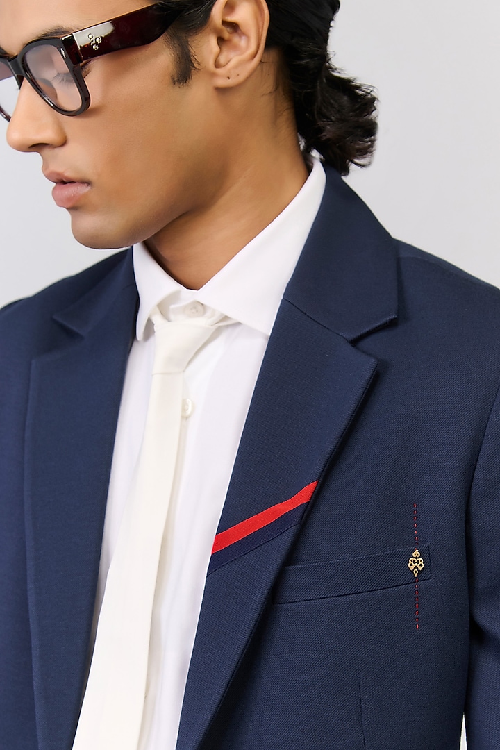 Navy Rayon Nylon Spandex Jacket by S&N by Shantnu Nikhil Men at Pernia's Pop Up Shop
