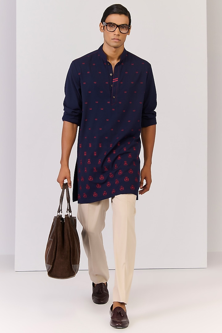 Navy Terylene Viscose Lycra Kurta by S&N by Shantnu Nikhil Men at Pernia's Pop Up Shop