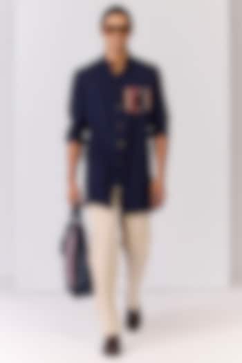 Navy Poly Blend Viscose Lycra Printed Kurta by S&N by Shantnu Nikhil Men