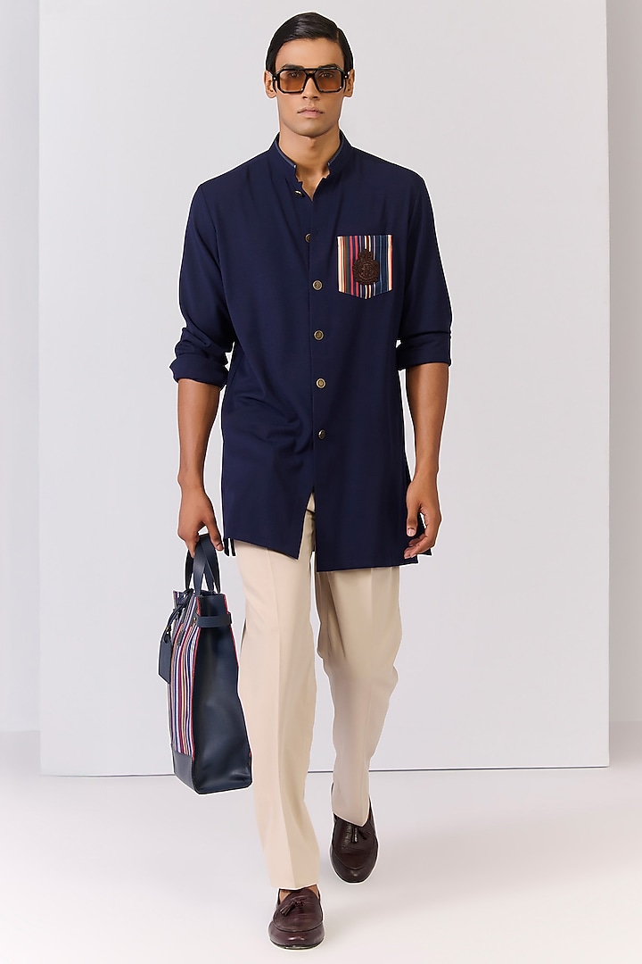 Navy Poly Blend Viscose Lycra Printed Kurta by S&N by Shantnu Nikhil Men