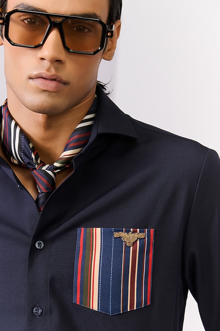 Navy Tencel Rayon Spandex Wedding Shirt by S&N by Shantnu Nikhil Men at Pernia's Pop Up Shop