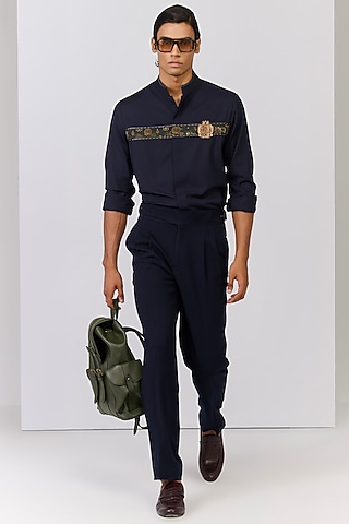 Navy Tencel Rayon Spandex Shirt by S&N by Shantnu Nikhil Men