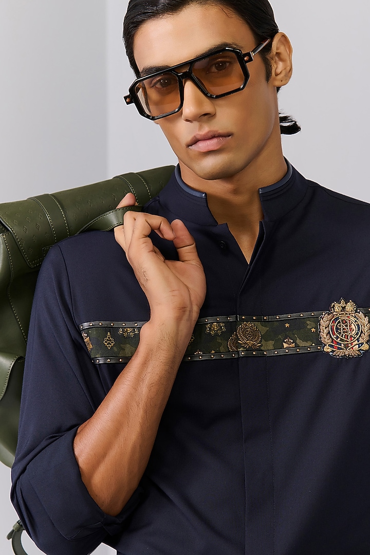 Navy Tencel Rayon Spandex Wedding Shirt by S&N by Shantnu Nikhil Men at Pernia's Pop Up Shop