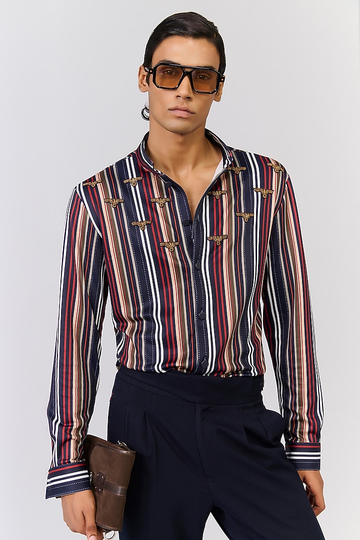 Multi-Colored Crepe Jersey Stripe Printed Shirt by S&N by Shantnu Nikhil Men
