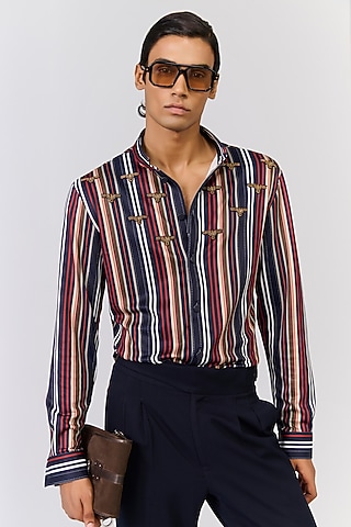 Multi-Colored Crepe Jersey Stripe Printed Shirt by S&N by Shantnu Nikhil Men