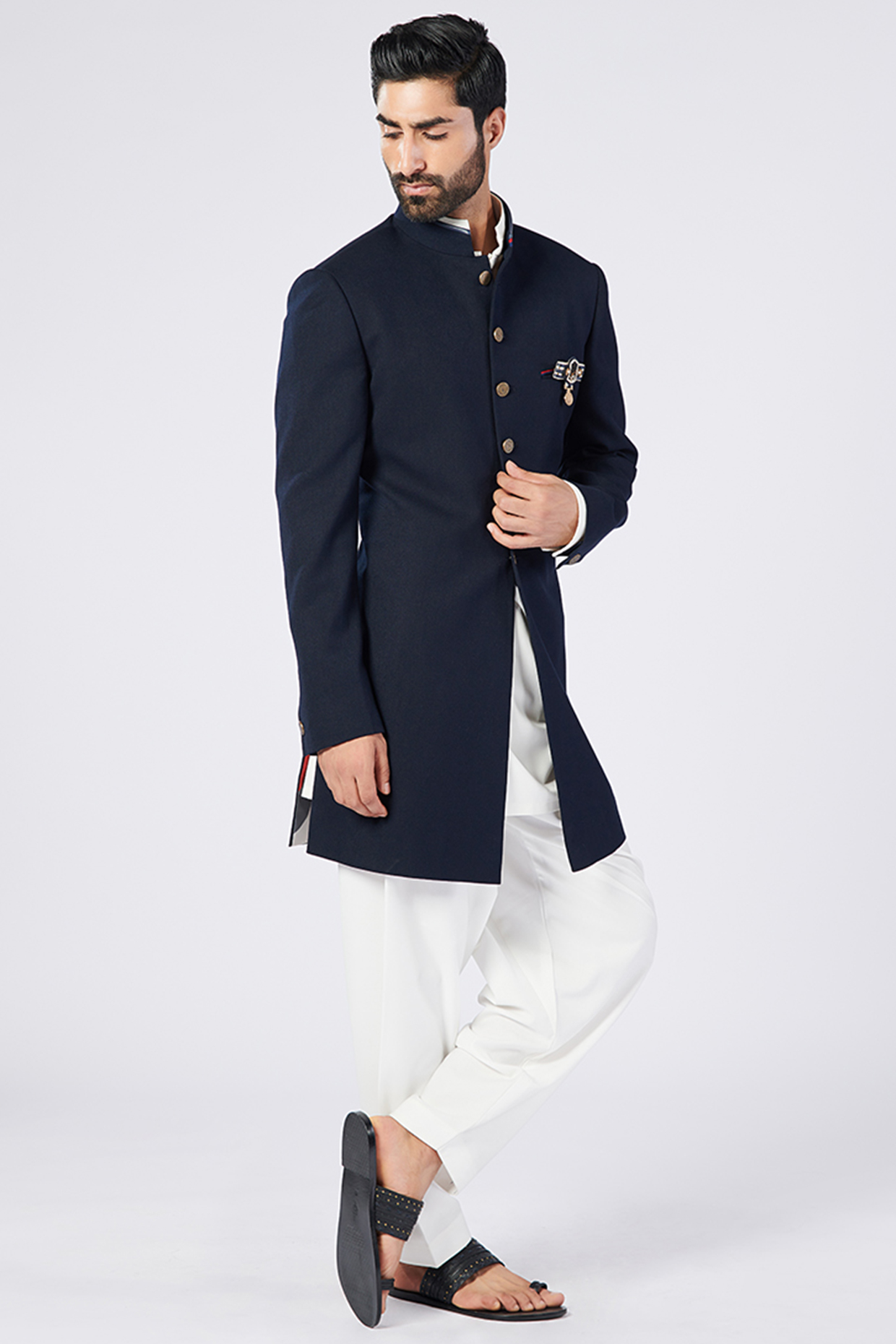 Navy Blue Poly Blend & Viscose Wedding Sherwani by S&N by Shantnu Nikhil Men at Pernia's Pop Up Shop