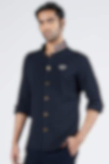 Navy Blue Terylene & Viscose Shirt by S&N by Shantnu Nikhil Men