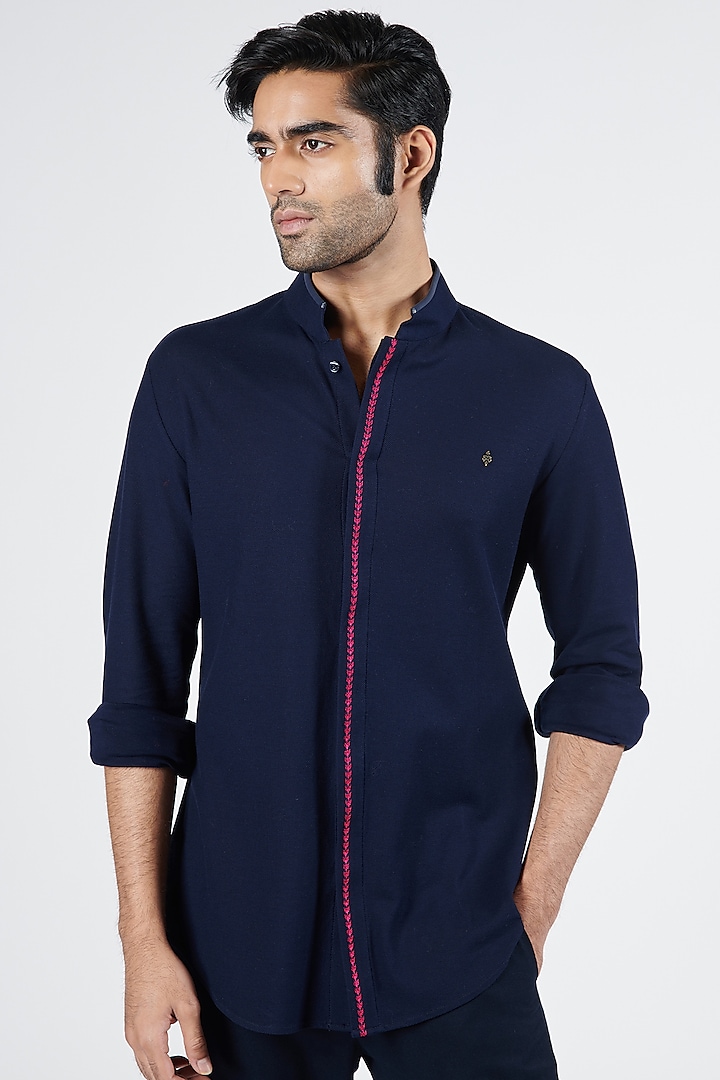 Navy Blue Cotton Knit Shirt by S&N by Shantnu Nikhil Men