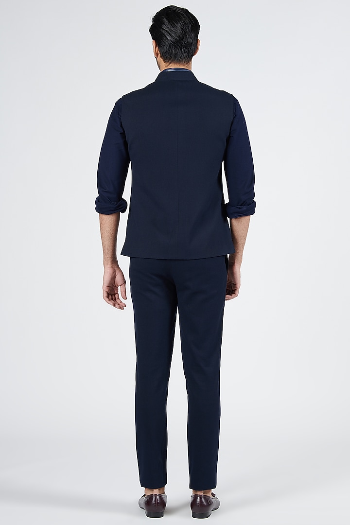 Navy Blue Poly Blend & Viscose Embroidered Waistcoat by S&N by Shantnu Nikhil Men at Pernia's Pop Up Shop