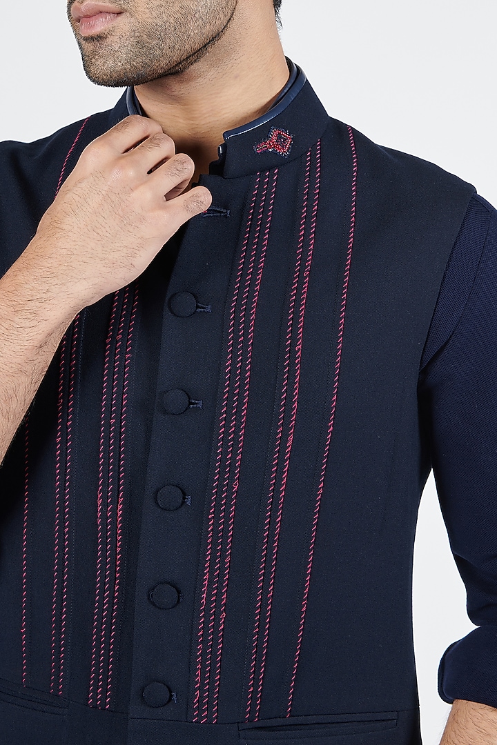 Navy Blue Poly Blend & Viscose Embroidered Waistcoat by S&N by Shantnu Nikhil Men at Pernia's Pop Up Shop