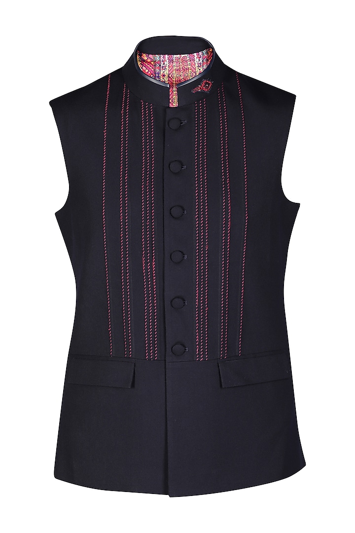 Navy Blue Poly Blend & Viscose Embroidered Waistcoat by S&N by Shantnu Nikhil Men at Pernia's Pop Up Shop