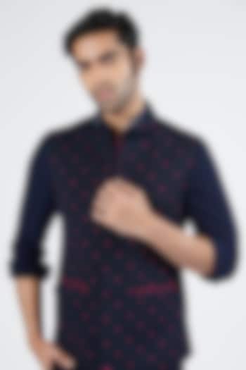 Navy Blue Poly Blend & Viscose Embroidered Waistcoat by S&N by Shantnu Nikhil Men