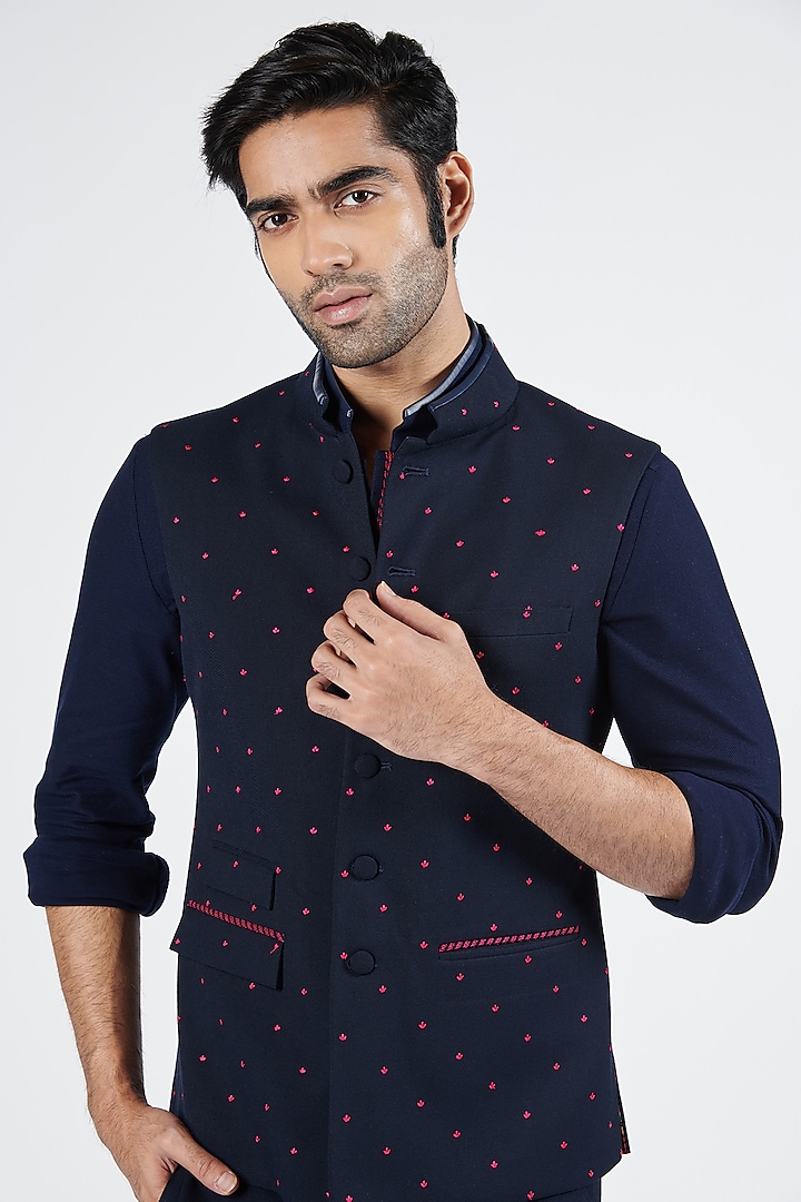 Navy Blue Poly Blend & Viscose Embroidered Waistcoat by S&N by Shantnu Nikhil Men
