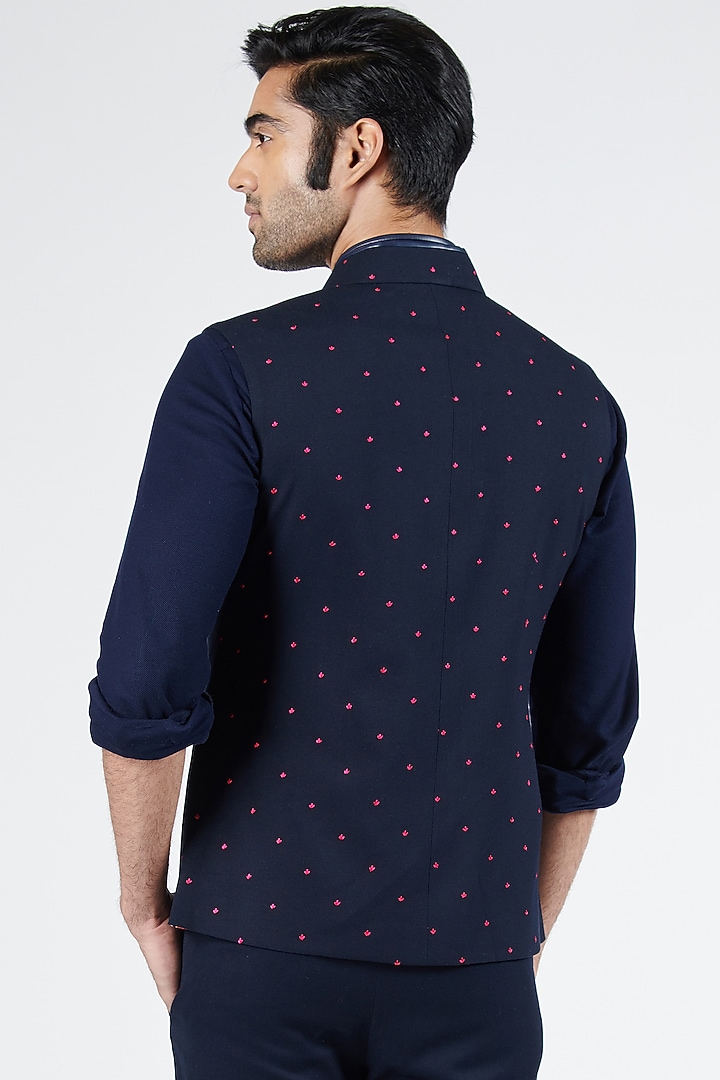 Navy Blue Poly Blend & Viscose Embroidered Waistcoat by S&N by Shantnu Nikhil Men at Pernia's Pop Up Shop