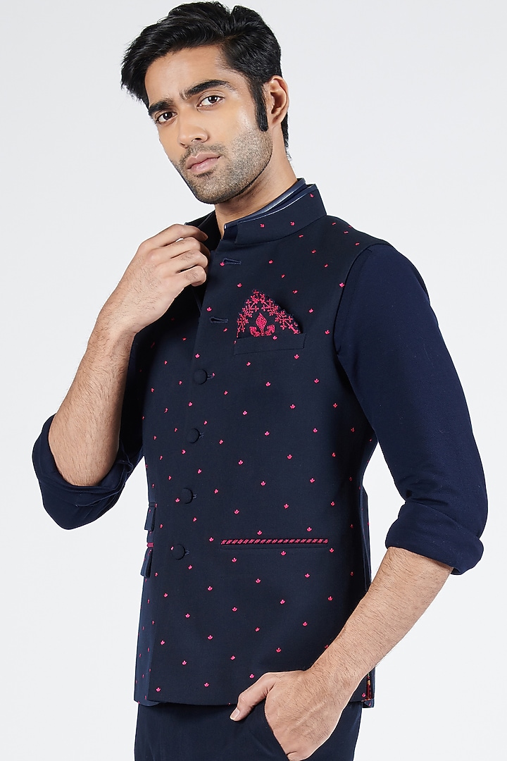 Navy Blue Poly Blend & Viscose Embroidered Waistcoat by S&N by Shantnu Nikhil Men at Pernia's Pop Up Shop