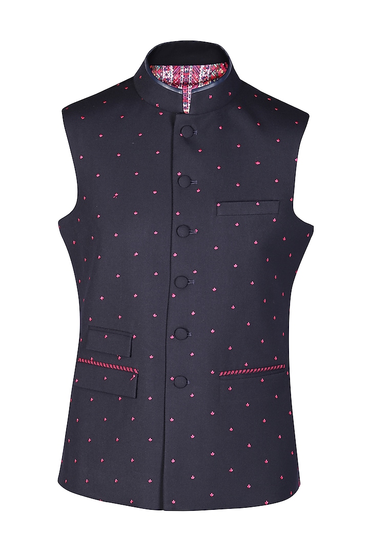 Navy Blue Poly Blend & Viscose Embroidered Waistcoat by S&N by Shantnu Nikhil Men at Pernia's Pop Up Shop