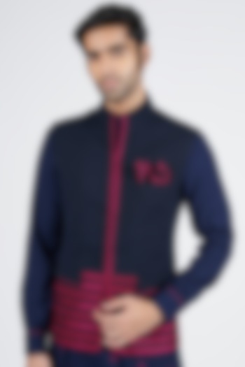 Navy Blue Poly Blend & Viscose Embroidered Bundi Jacket by S&N by Shantnu Nikhil Men at Pernia's Pop Up Shop